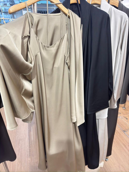 Premium Quality Satin Dress With Cardigan Co-Ord Sets